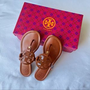 Tory Burch Miller Brown Logo Flat Vegan Leather Sandals